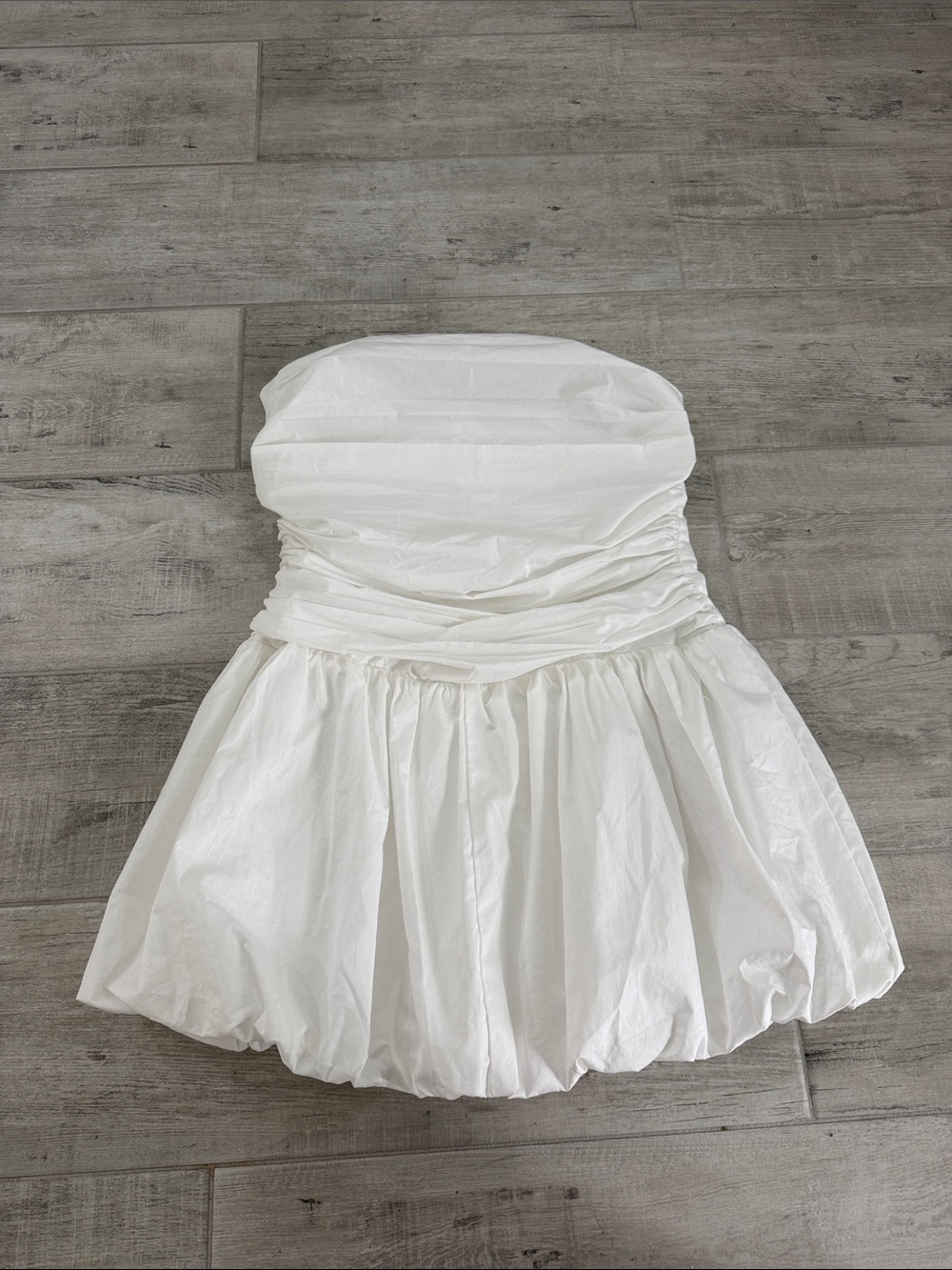 Strapless White Ruched Bubble Hem Dress